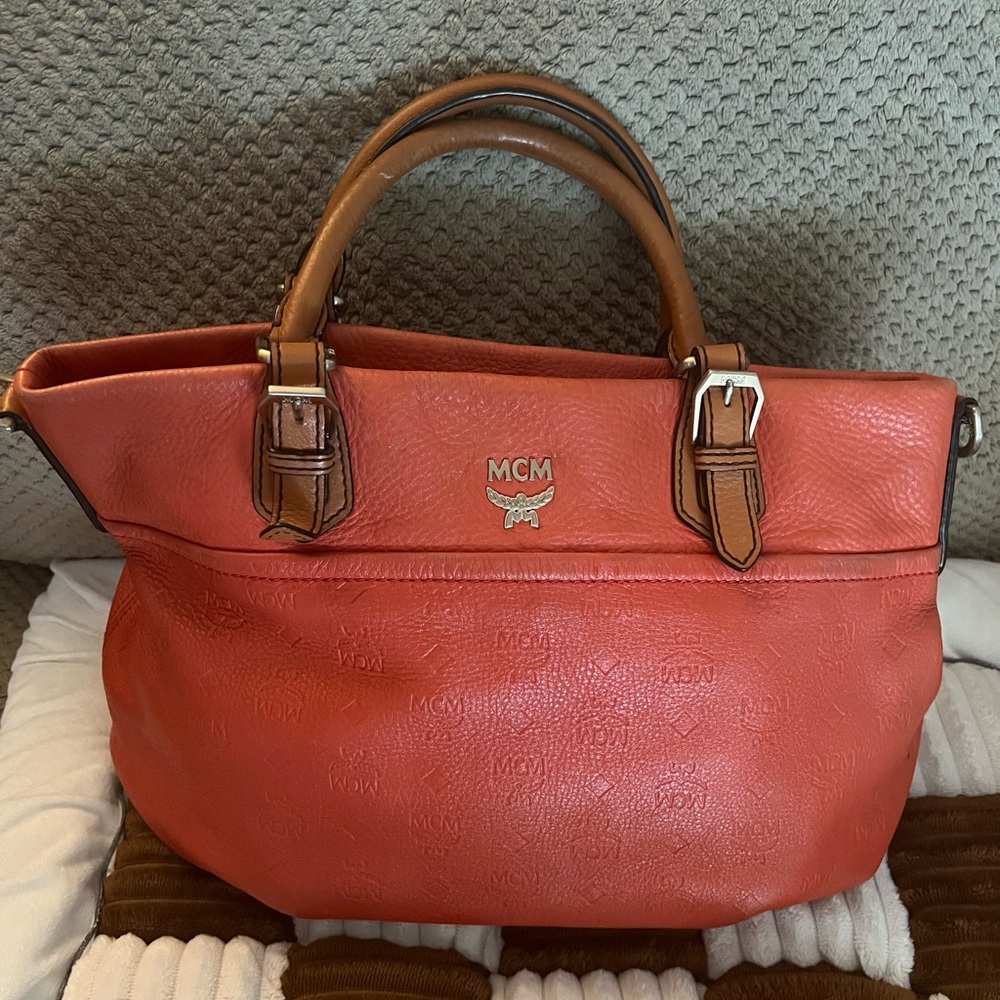 MCM Orange Embossed Leather Handbag